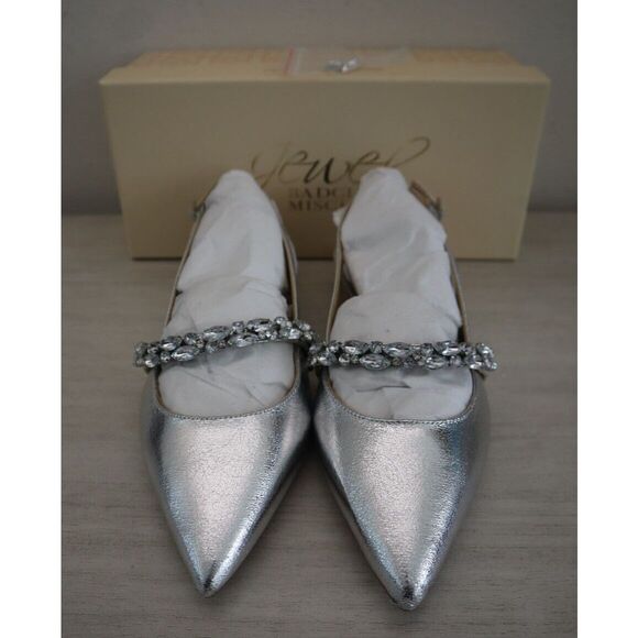 Jewel Badgley Mischka Women Sz 8.5 Silver Bambi Pointed Toe Slingback Flats - Picture 1 of 11